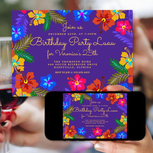 Paarse Luau Verjaardagsfeest Uitnodiging