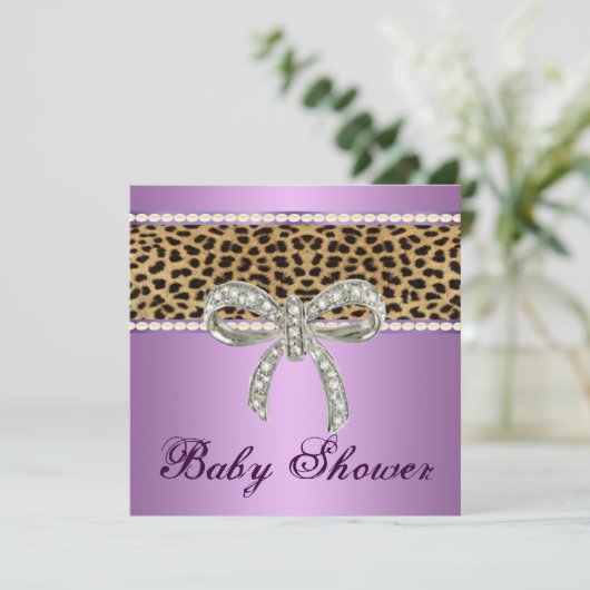 Paarse luipaard Diamond Bow Baby shower Uitnodigin Kaart (Staand voorkant)