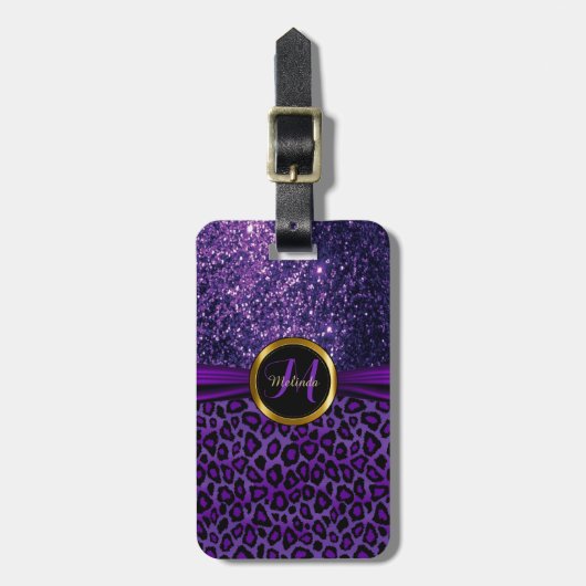 Paarse luipaarhuid en glitter - Monogram Bagagelabel (Voorkant verticaal)