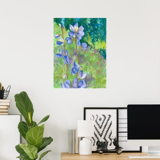 Paarse Lupine Wildbloemen Waterverf Landschap Poster (Thuiskantoor)