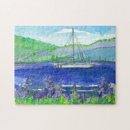 Paarse Lupinemeer Catamaran Sailboot Legpuzzel (Horizontaal)