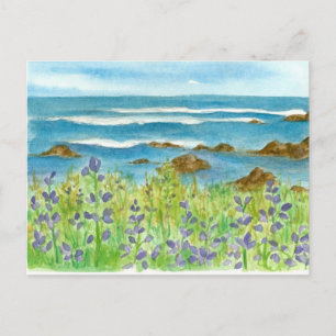 Paarse Lupines Waterverf Wildflowers Ocean Waves Briefkaart