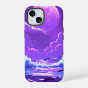 Paarse Maan Over de Zee – Dromerige Nachtelijke He iPhone 15 Hoesje