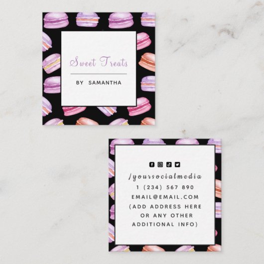 Paarse Macarons Pattern Sweet Behandelt dessert Ba Vierkante Visitekaartje (Voorkant / Achterkant)
