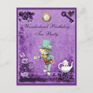 Paarse Mad Hatter Wonderland Birthday Tea Kaart