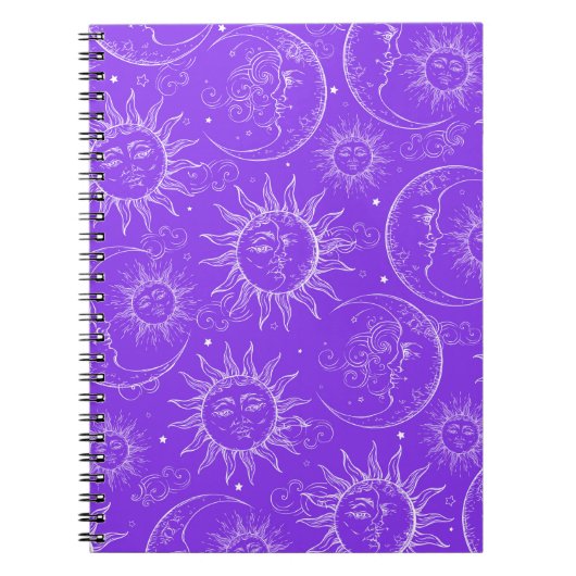 Paarse Magische Vintage Celestial Sun Moon Stars Notitieboek (Voorkant)