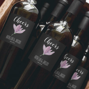Paarse Magnolia Blossom op Black Wedding Wijn Etiket