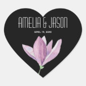 Paarse Magnolia Floral bruiloft gunst op zwart Hart Sticker (Voorkant)