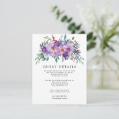 Paarse Magnolia's en Rozen Bruiloft Gast Details Informatiekaartje (Staand voorkant)