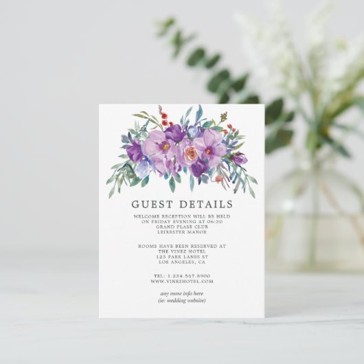 Paarse Magnolia's en Rozen Bruiloft Gast Details Informatiekaartje (Staand voorkant)