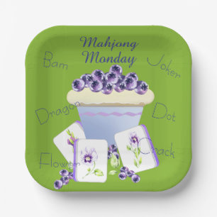 Paarse Mahjong Tegels en Blauwe-bes Cupcake Papieren Bordje