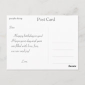  paarse maisbloem, geboortedag briefkaart (Achterkant)