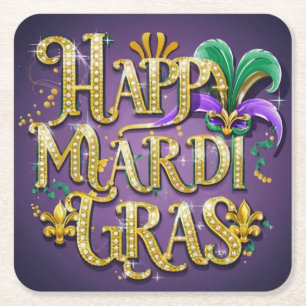 Paarse Mardi Gras "Happy Mardi Gras" Vierkante Kartonnen Onderzetter