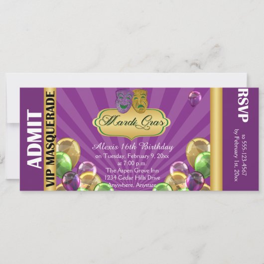 Paarse Mardi Gras Party Ticket Uitnodiging (Voorkant)