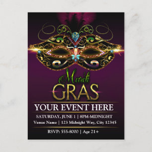 Paarse MARDI GRAS Promotionele Feest Ansihtkaart Uitnodiging Briefkaart