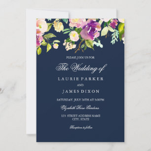 Paarse marine Floral Elegant Wedding Invitation Kaart