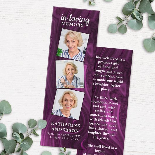 Paarse marmer 3 Fotogedicht Funeral Prayer Bladwij Mini Visitekaartjes