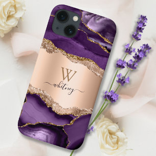 Paarse Marmeren Agaat & Roos Gouden Glitter Sparkl iPhone 13 Hoesje