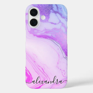Paarse Marmeren Monogram Aangepaste Naam Uniek iPhone 16 Hoesje
