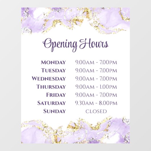 Paarse marmeringontwerp openingstijden raamkoeling raamsticker (Vel)