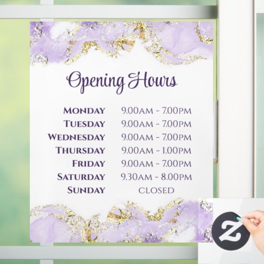 Paarse marmeringontwerp openingstijden raamkoeling raamsticker (Huis)