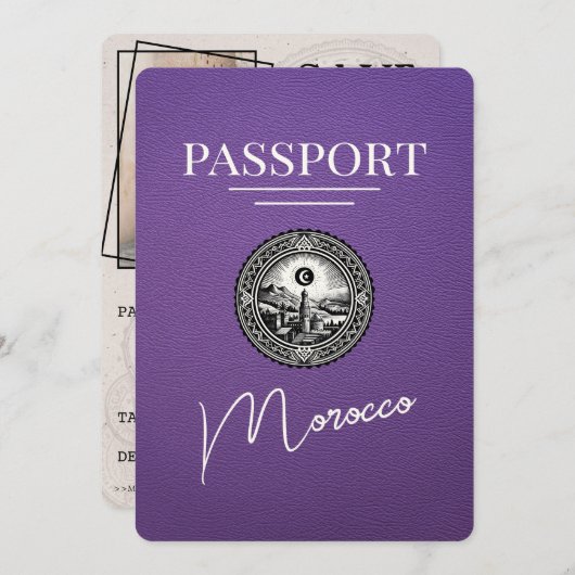 Paarse Marokko Paspoort Bewaar de datum Save The Date (Voorkant / Achterkant)