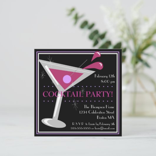Paarse Martini Cocktail Party Invitation Kaart (Staand voorkant)