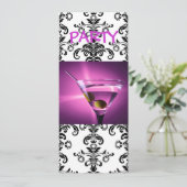 Paarse martini damask party nodigt uit kaart (Staand voorkant)