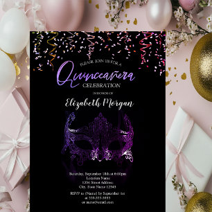 Paarse masker, Confetti Masquerade Quinceañera  Kaart