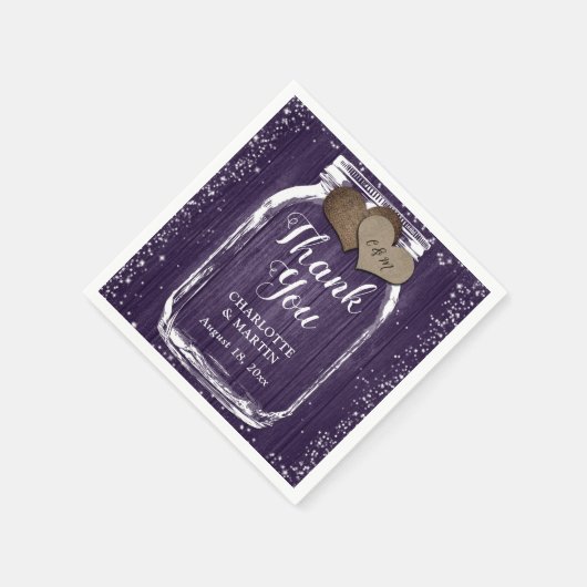 Paarse Mason Jar Rustic Wood Dank u bruiloft Servet (Hoek)