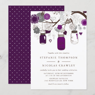 Paarse Mason Jars en Flowers Wedding Invitation Kaart