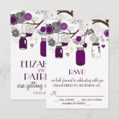 Paarse Mason Jars en Flowers Wedding RSVP Kaart (Voorkant / Achterkant)
