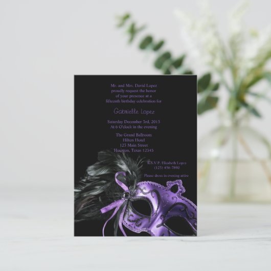 Paarse Masquerade Ball Quinceanera 15e verjaardag Briefkaart (Staand voorkant)