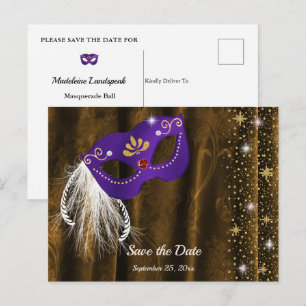 Paarse Masquerade Brons Goud Damast Save the Date Briefkaart