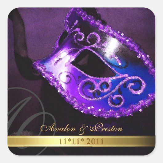 Paarse Masquerade Swirl Save the Date Sticker (Voorkant)