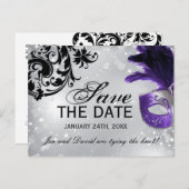 Paarse Masquerade Wedding Save the Date Aankondigingskaart (Voorkant / Achterkant)