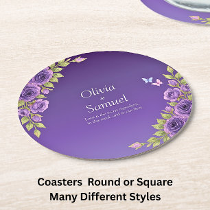 Paarse Mauve Bloemen & Witte Bruiloft Ronde Kartonnen Onderzetter