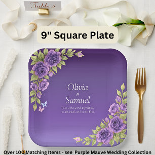 Paarse Mauve Bloemen & Witte Trouw  9" Vierkant Papieren Bordje