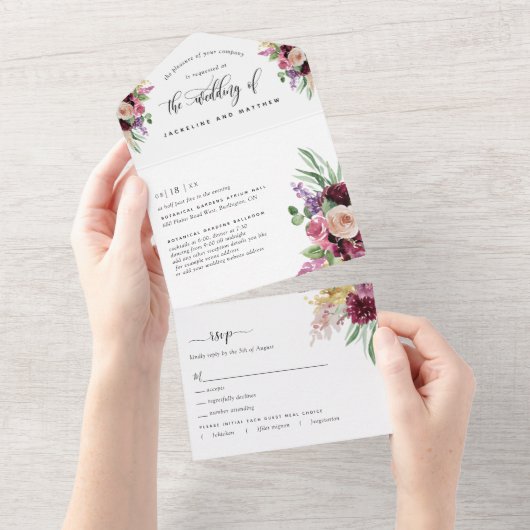 Paarse Mauve Floral Weddenschap van RSVP All In One Uitnodiging (Afscheurbaar)