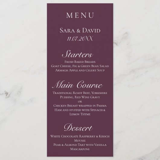 Paarse Mauve Modern Dark Wedding Menu Kaart (Voorkant)