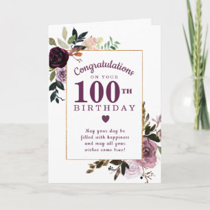 Paarse Mauve Pink Floral 100e verjaardag Kaart