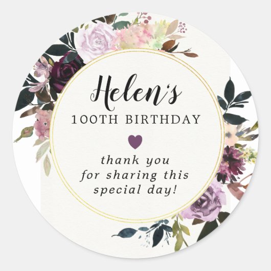 Paarse Mauve Pink Floral 100th Birthday Hartelijk  Ronde Sticker (Voorkant)
