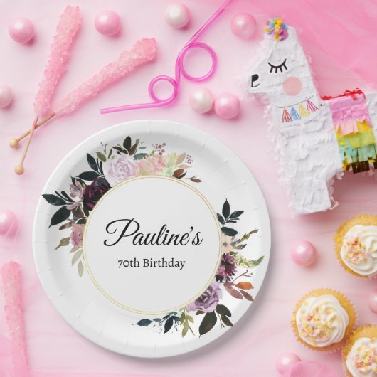 Paarse Mauve Roos Bloemen 70ste Verjaardagsfeest Papieren Bordje (Feest)