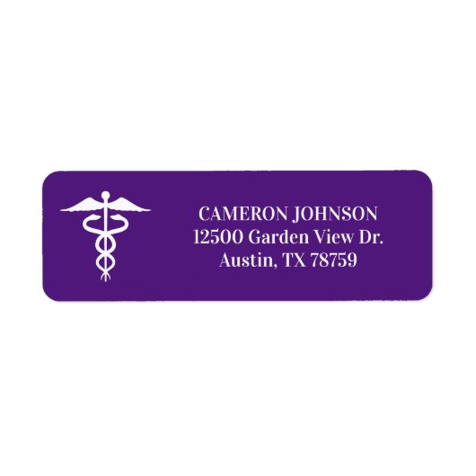 Paarse Medische Caduceus Dokter Retouradres Etiket (Voorkant)