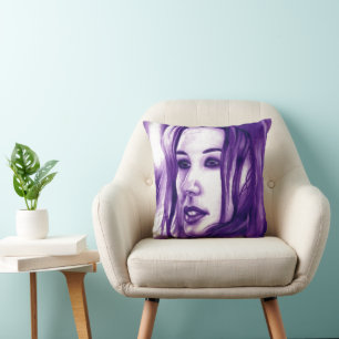 Paarse Mensenvrouw Portret Originele Kunst Kussen