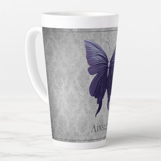 Paarse met juwelen versierde vlinder latte mok (Linkerhoek)