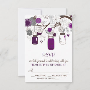 Paarse Metselwerkpotten en Bloemen Bruiloft RSVP K Kaartje