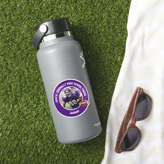 Paarse middelbare school Football Player Photo Lap Sticker (HydroFlask Insitu)
