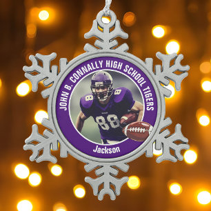 Paarse Middelbare School Football Speler Foto Cust Tin Sneeuwvlok Ornament