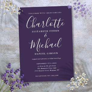 Paarse Minimalistische Elegante Script Bruiloft Kaart